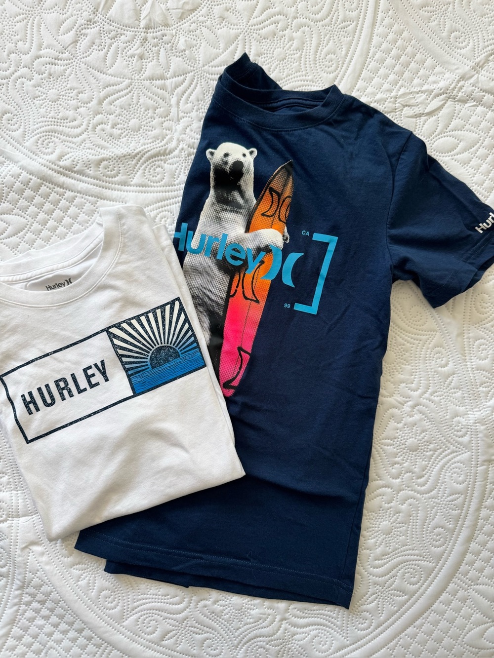 Hurley Navy Tee with Polar Bear and Sunset Surfboard Graphic